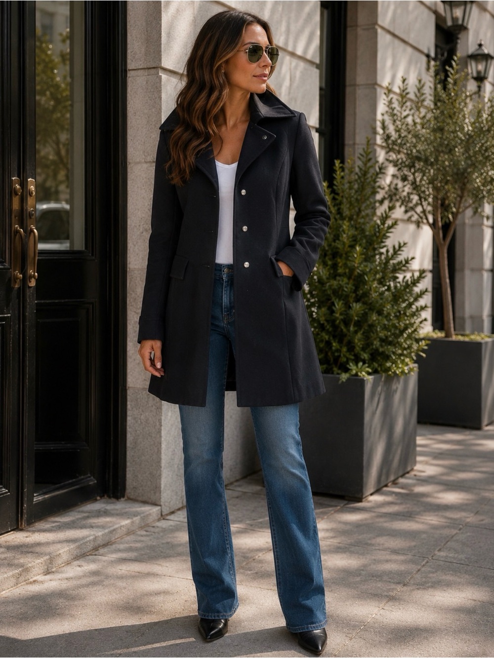 Anne Klein Black Flared Snap-Front Coat